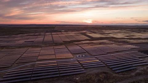 Hyperlapse. Massive solar power plant at sunset. Solar panels. Energy. Stock Footage 158374041