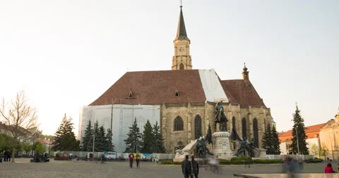 Hyperlapse of Medieval St. Michael's Church in Cluj-Napoca, Transylvania Romania Stock Footage 220103124