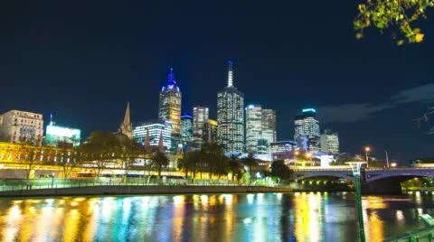 Hyperlapse Melbourne City Night Lights Southbank Yarra River Flinders Street Stockbeeldmateriaal 46012939