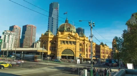 Hyperlapse Melbourne Flinders Street Train Clock Swanston Street Trams Statio Stockbeeldmateriaal 54992812