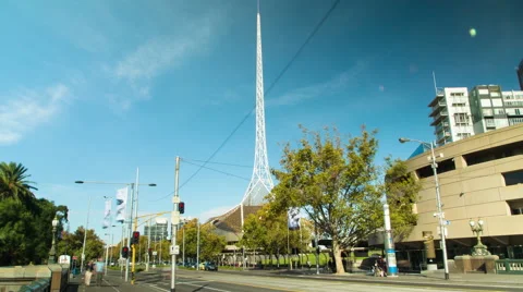 Hyperlapse Melbourne St Kilda Road Arts Centre Hamer Hall Trams Afternoon Stockbeeldmateriaal 55020906