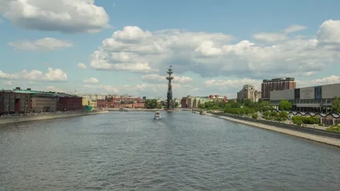 Hyperlapse of Monument To Peter The Great in Moscow Timelapse River View 4K Stock Footage 252611352