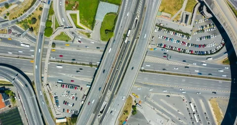 Hyperlapse of multi-lane freeway, road junction in Istanbul, top down Stock Footage 201369497