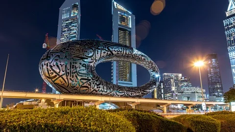 The hyperlapse of Museum of the Future in night illumination Stock Footage 127051122