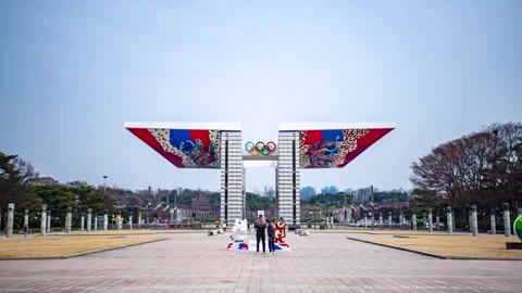 Hyperlapse of the Olympic Park World Peace Gate, Seoul. South Korea Stock Footage 316422818