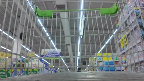 Hyperlapse POV of shopping cart moving through supermarket aisle Stock Footage 337019828