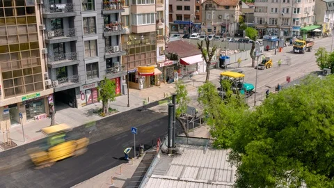 Hyperlapse of Road Construction. Workers Applying New Asphalt. Stock Footage 129804812