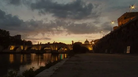 Hyperlapse Rome S.Angel Bridge, river Tiber and Saint Peter dome in background Stock Footage 96535390