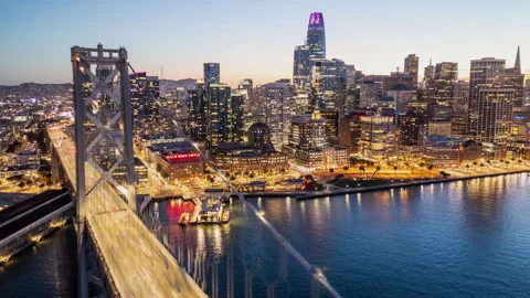 Hyperlapse: San Francisco Embarcadero at Sunset 4K Drone Stock Footage 274167003