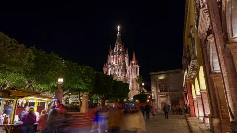 Hyperlapse of  San Miguel de Allende Church at night Stock Footage 253826023