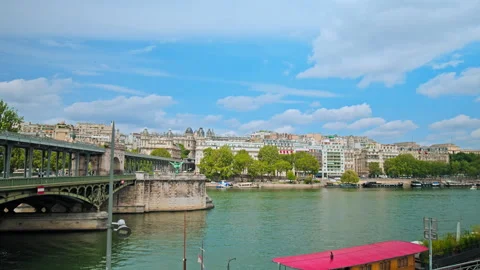 Hyperlapse of the Seine River with trains and ships traveling in France. Stock Footage 245460854