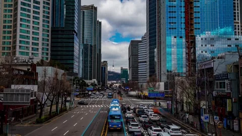Hyperlapse of the Seoul Tower with traffic and skycrapers, Seoul. South Korea Stock Footage 316422778