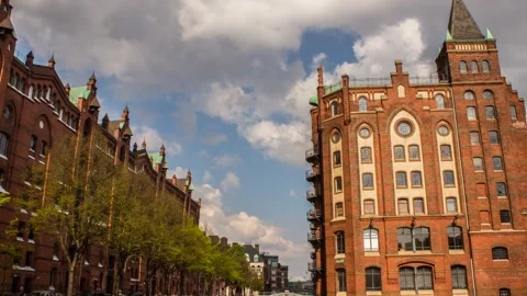 Hyperlapse Shot of Historic Red Brick Warehouse Buildings in Speicherstadt Stock Footage 337212965