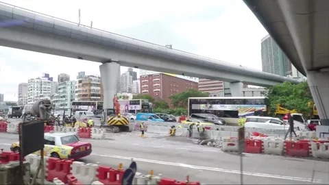 Hyperlapse, Side View Vehicle Shot, Street View from Bus, Kowloon, Hong Kong Stockbeeldmateriaal 343663302