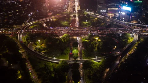 Hyperlapse of Simpang Susun Semanggi at Night - Jakarta, Indonesia. Busy High Vídeo Stock 131479869