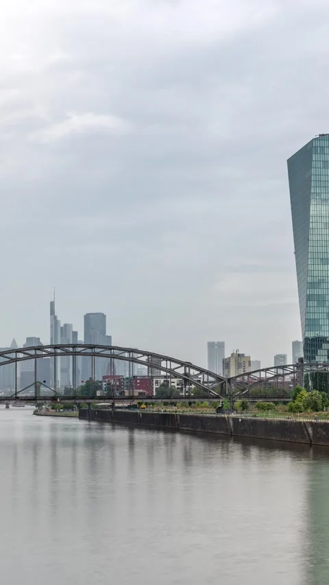 Hyperlapse skyline, ECB headquarters skyscraper, Frankfurt am Main, Germany Video stock 324920683