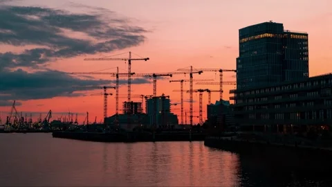 Hyperlapse of sunset in Hamburg port with opera house in the background Stock Footage 328575247