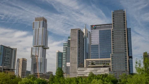Hyperlapse of tech office buildings and skyscrapers in Austin, Texas at night Stock Footage 106913240