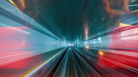 Hyperlapse through colourful driverless train tunnel Stock Footage 168885843