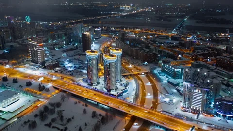 Hyperlapse Time-lapse of Car Traffic Road at Winter Night in Novosibirsk. Drone Видео 132932958