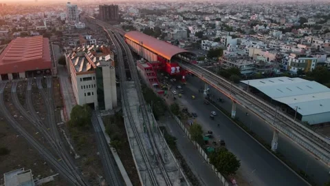 Hyperlapse timelapse aerial drone shot at dusk with golden glow over busy metro Stock Footage 169459345