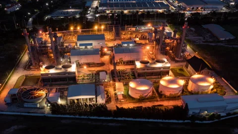 Hyperlapse Timelapse Aerial view night light oil refinery terminal is industr Stock Footage 197394081