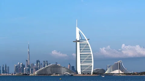 Hyperlapse Timelapse of Downtown Dubai Skyline, Burj Al Arab and Jumeirah Stock Footage 276783283