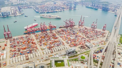 Hyperlapse timelapse of Hong Kong port industrial district with cargo container Stock Footage 114976529