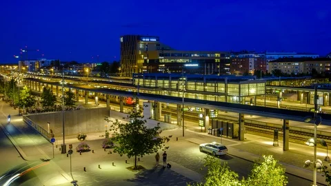 Hyperlapse Timelapse of Uppsala train station, Sweden at night Stock Footage 112966383