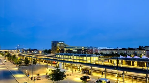 Hyperlapse Timelapse of Uppsala train station, Sweden at night Stock Footage 112984774