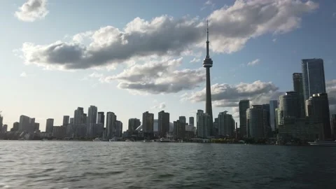 Hyperlapse of Toronto Skyline During Cloudy Summer Evening Riding Water Taxi  Stock Footage 147614746