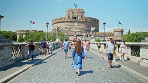 Hyperlapse of a tourist walking towards a castle in Rome, Italy. Stock Footage 237084285