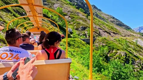 Hyperlapse of tourists riding mountain train through Pyrenees valley Stock Footage 341536046