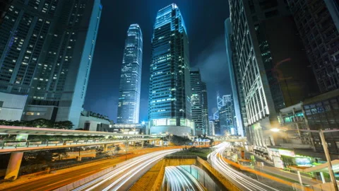 Hyperlapse, traffic in Hong Kong at sunset time,  ultra wide lens Stock Footage 86480966