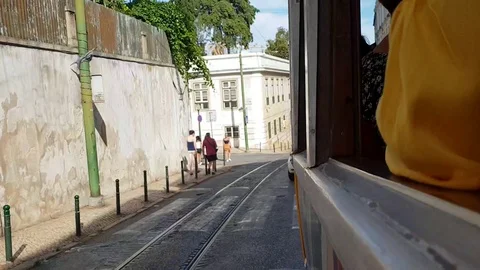 Hyperlapse of tram ride in old town centre in Lisbon, passenger window perspecti Stock Footage 118659463