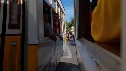 Hyperlapse of tram ride in old town centre in Lisbon, passenger window perspecti Stock Footage 118659478