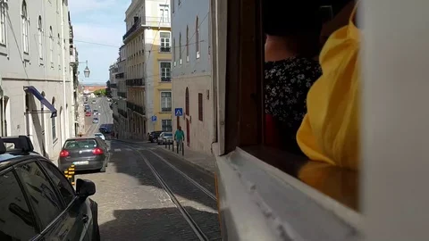 Hyperlapse of tram ride in old town centre in Lisbon, passenger window perspecti Stock Footage 118659513