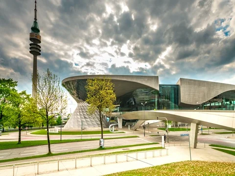 Hyperlapse video of BMW World (BMW Welt) and Olympic Tower in Munich Stock Footage 75951038