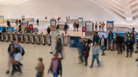 Hyperlapse video of commuters at the World Trade Center station Stock Footage 94109422