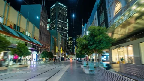 Hyperlapse video of walking along Bourke Street Mall in Melbourne CBD at night Stock Footage 156990405
