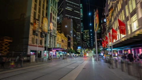 Hyperlapse video of walking along Bourke Street Mall in Melbourne CBD at night Vidéo 159054859