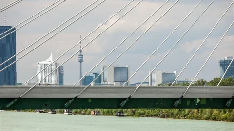 Hyperlapse Vienna suspension bridge with fast zoom to Donaucity and out Stock Footage 92277270