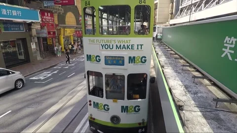 Hyperlapse, View from tram, back view vehicle shot, Hong Kong downtown, tramway Stock Footage 170767063