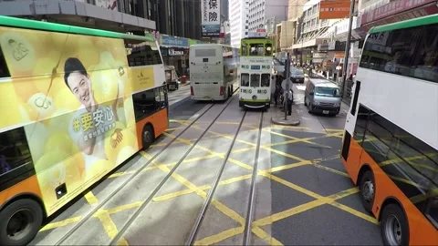 Hyperlapse, View from tram, back view vehicle shot, Hong Kong downtown, tramway Stock Footage 170767084