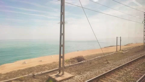 Hyperlapse, View from the window of the train going to Barcelona, coastline trip Stock Footage 276448330