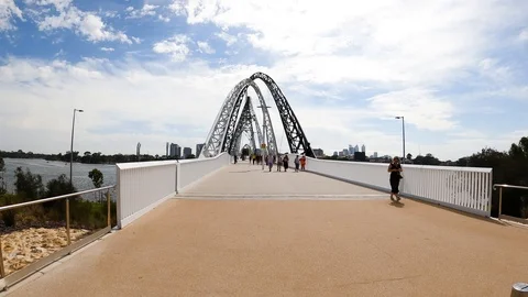 Hyperlapse walking along the Matagarup Bridge over the Swan River in Perth ci Stock Footage 122791436