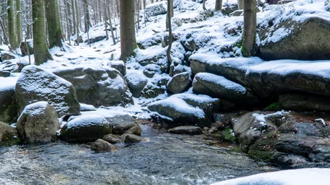 Hyperlapse of waterfall and mountain water stream in the forest winter day Video stock 151528080