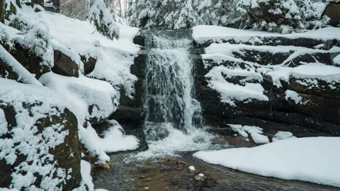Hyperlapse of waterfall mountain stream river in forest snow timelapse Video stock 151528781