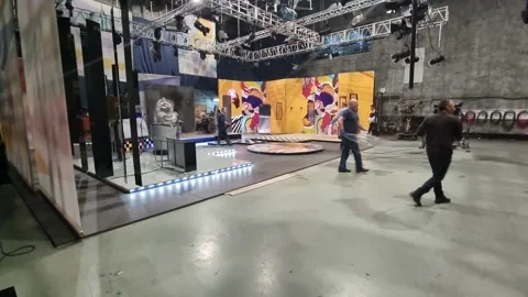 Hyperlapse of Workers Deconstructing Scenography of TV Show, Time Lapse, Night Stock Footage 231547455