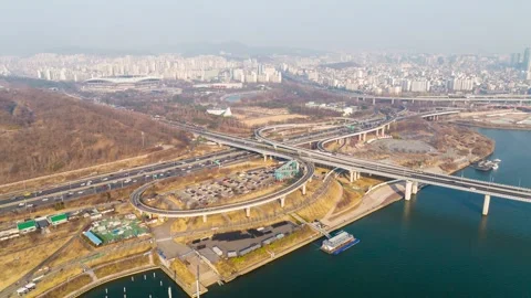 Hyperlapse_Around the Han River Seoul Drone Aerial Footage filming Video stock 259855805